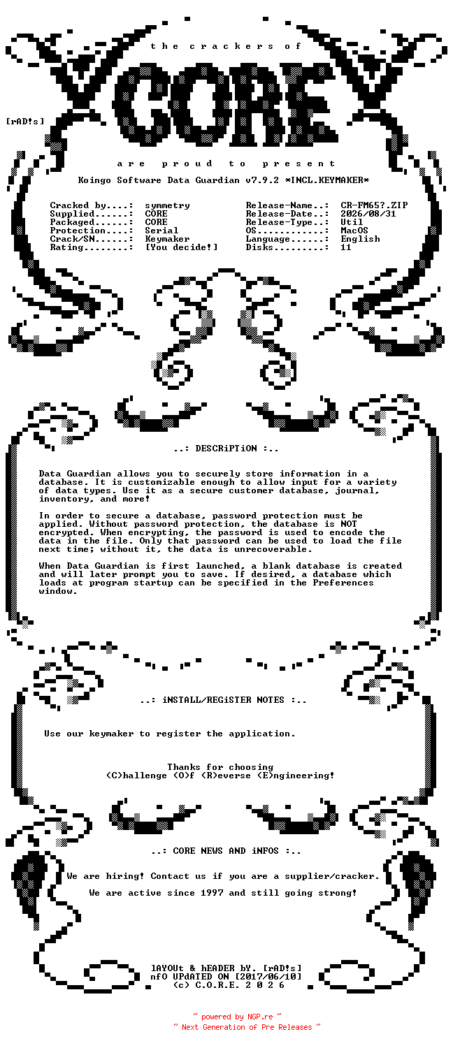 NFO for the release Koingo.Software.Data.Guardian.v7.9.2.MacOS.UB.Incl.Keymaker-CORE by CORE