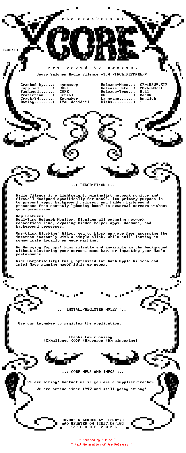 NFO for the release Juuso.Salonen.Radio.Silence.v3.4.MacOS.UB.Incl.Keymaker.DIRFIX-CORE by CORE
