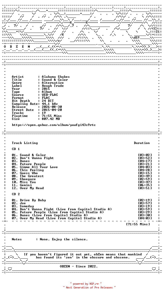 NFO for the release Alabama_Shakes-Sound_and_Color-DELUXE_EDITION-24BIT-44KHZ-WEB-FLAC-2015-OBZEN by OBZEN