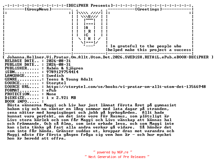 NFO for the release Johanna.Hellner.Vi.Pratar.Om.Allt.Utom.Det.2026.SWEDiSH.RETAiL.ePub.eBOOK-DECiPHER by DECiPHER