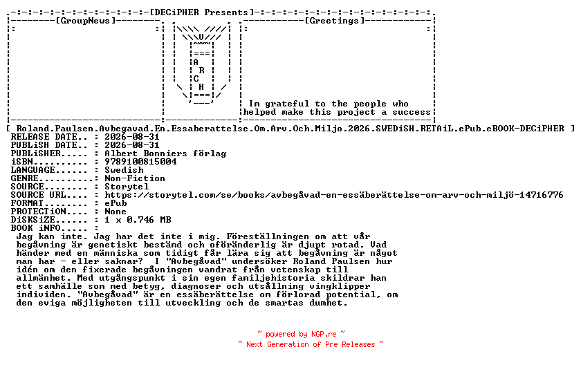NFO for the release Roland.Paulsen.Avbegavad.En.Essaberattelse.Om.Arv.Och.Miljo.2026.SWEDiSH.RETAiL.ePub.eBOOK-DECiPHER by DECiPHER