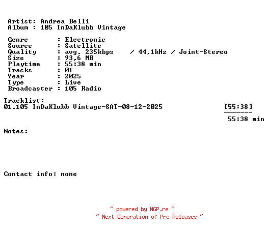 NFO for the release Andrea_Belli-105_InDaKlubb_Vintage-SAT-08-12-2025-LFA by LFA