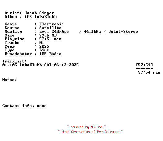 NFO for the release Jacob_Singer-105_InDaKlubb-SAT-06-12-2025-LFA by LFA