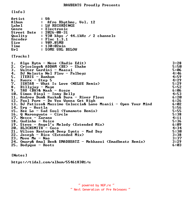 NFO for the release VA-Afro_Rhythms_Vol._12-16BIT-WEB-FLAC-2026-RAWBEATS by RAWBEATS