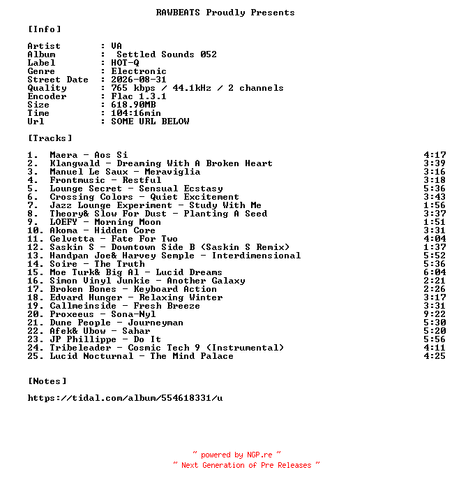 NFO for the release VA-Settled_Sounds_052-16BIT-WEB-FLAC-2026-RAWBEATS by RAWBEATS