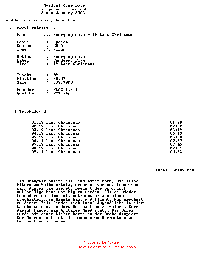 NFO for the release Hoergespinste-19_Last_Christmas-DE-Audiobook-CD-FLAC-2026-MOD by MOD