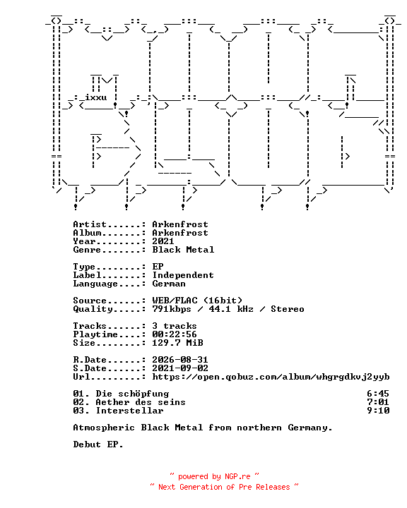 NFO for the release Arkenfrost-Arkenfrost-DE-EP-16BIT-WEB-FLAC-2021-MOONBLOOD by MOONBLOOD