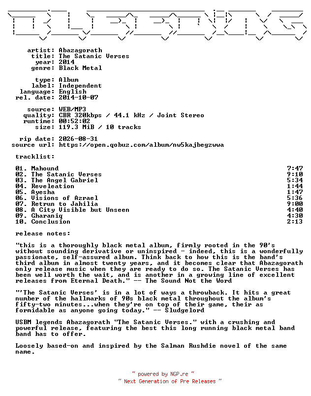 NFO for the release Abazagorath-The_Satanic_Verses-WEB-2014-BLEEDiNG by BLEEDiNG