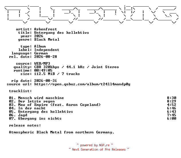 NFO for the release Arkenfrost-Untergang_des_kollektivs-DE-WEB-2026-BLEEDiNG by BLEEDiNG