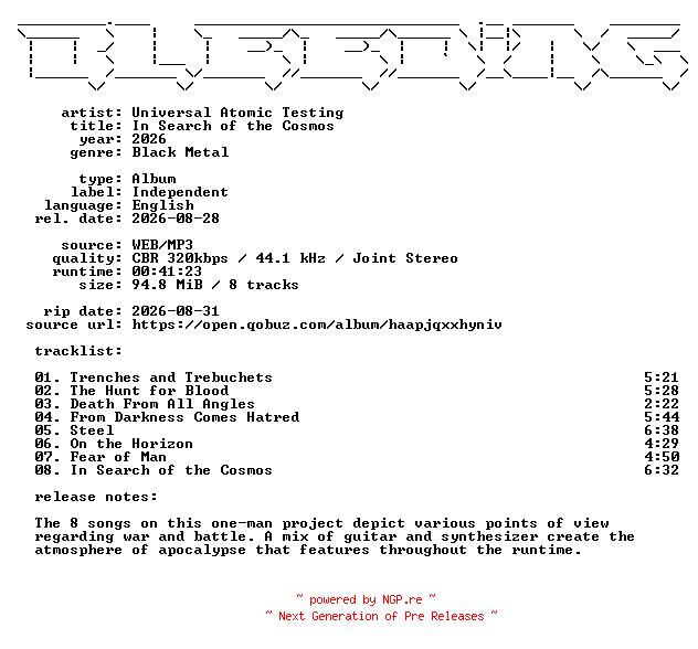 NFO for the release Universal_Atomic_Testing-In_Search_of_the_Cosmos-WEB-2026-BLEEDiNG by BLEEDiNG