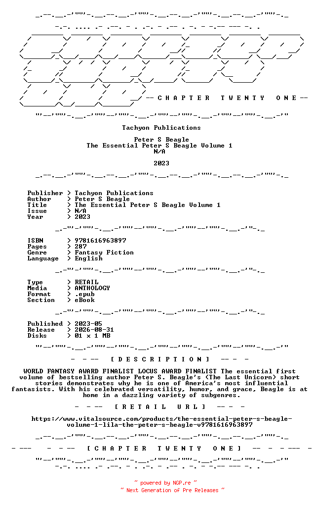 NFO for the release Tachyon.Publications.-.The.Essential.Peter.S.Beagle.Volume.1.2023.RETAIL.EPUB.eBook-CTO by CTO
