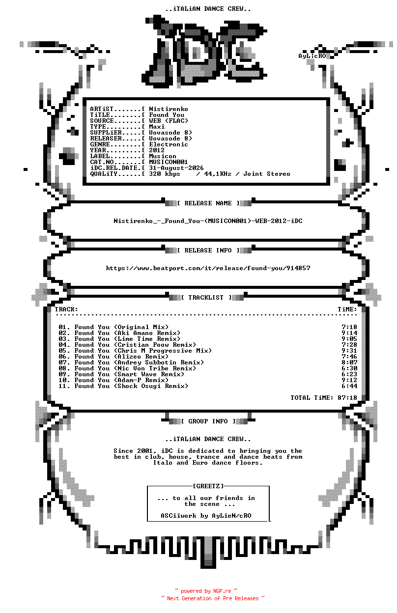 NFO for the release Nistirenko_-_Found_You-(MUSICON001)-WEB-2012-iDC by iDC