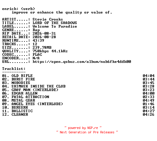 NFO for the release Stevie_Crooks-LORD_OF_THE_SHADOWS-16BIT-WEB-FLAC-2026-ENRiCH by ENRiCH