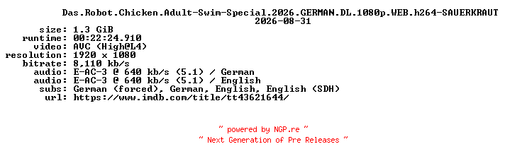 NFO for the release Das.Robot.Chicken.Adult-Swim-Special.2026.GERMAN.DL.1080p.WEB.h264-SAUERKRAUT by SAUERKRAUT
