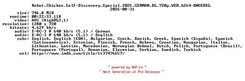 NFO for the release Robot.Chicken.Self-Discovery.Special.2025.GERMAN.DL.720p.WEB.h264-KNOEDEL by KNOEDEL