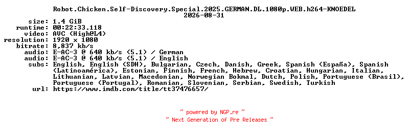 NFO for the release Robot.Chicken.Self-Discovery.Special.2025.GERMAN.DL.1080p.WEB.h264-KNOEDEL by KNOEDEL