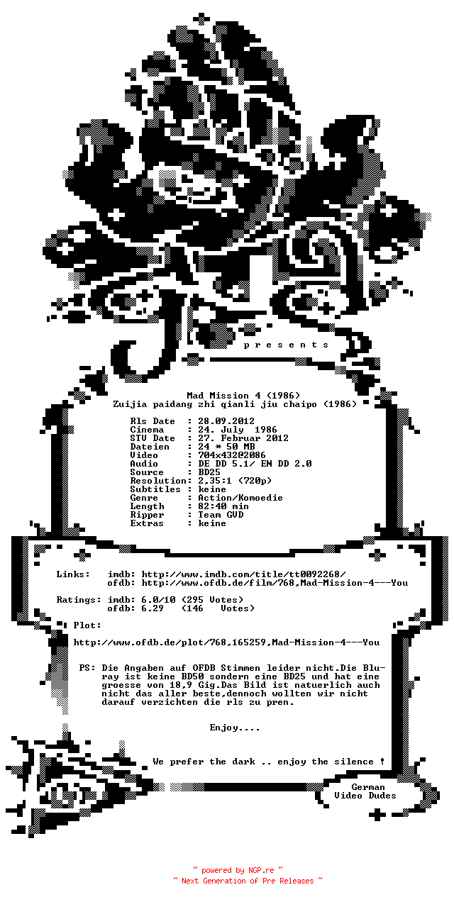 NFO for the release Mad.Mission.4.German.1986.DL.720p.BluRay.x264-GVD by GVD