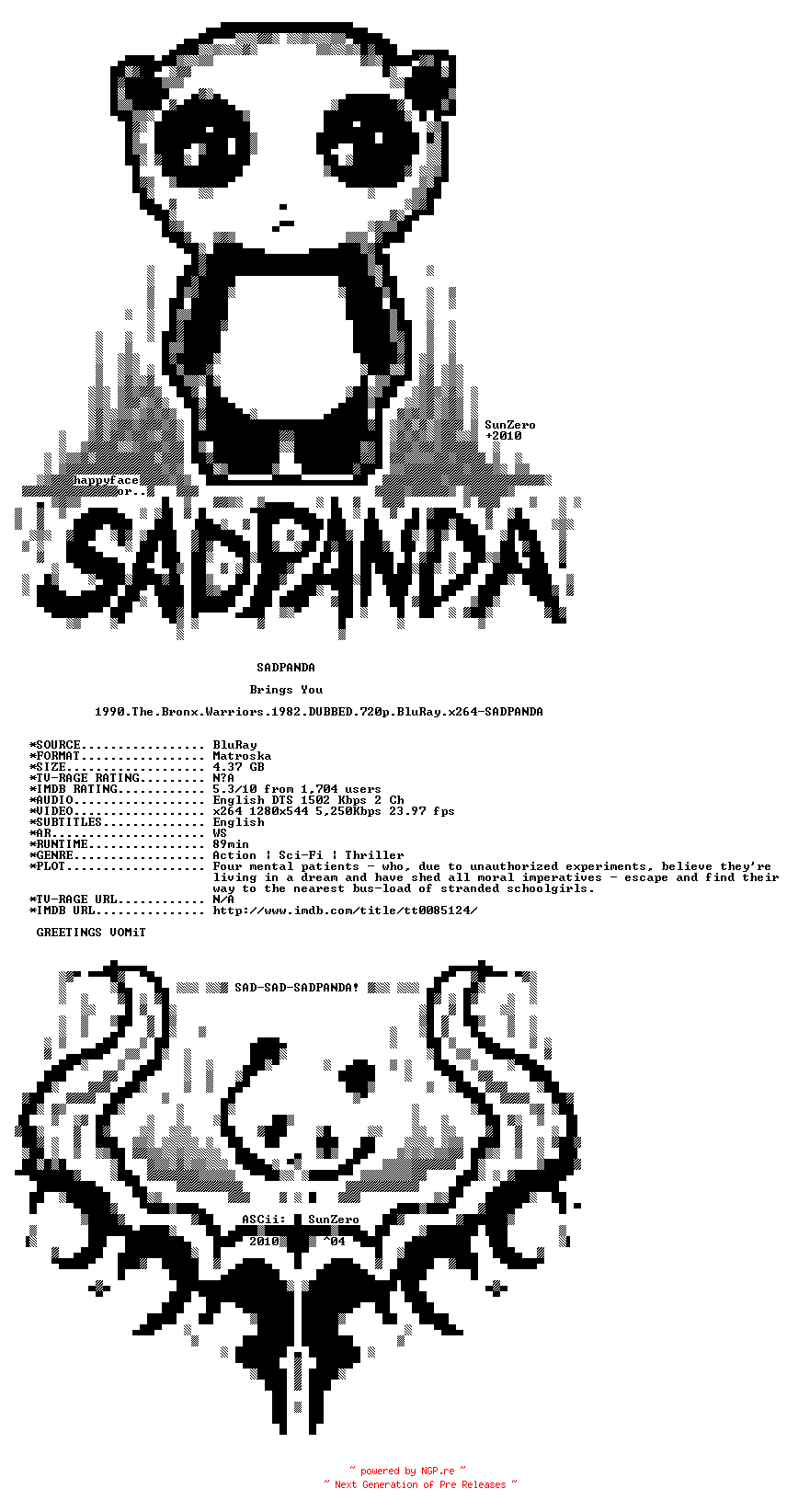 NFO for the release 1990.The.Bronx.Warriors.1982.DUBBED.720p.BluRay.x264-SADPANDA by SADPANDA