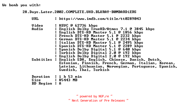 NFO for the release 28.Days.Later.2002.COMPLETE.UHD.BLURAY-B0MBARDiERS by B0MBARDiERS