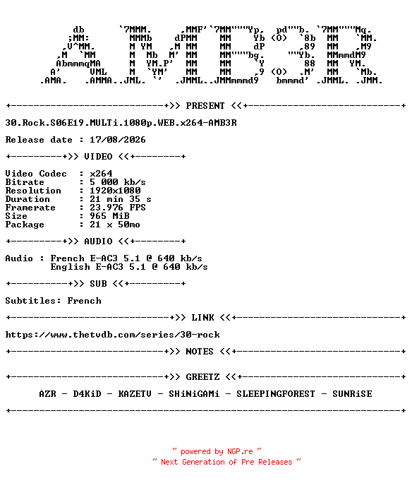 NFO for the release 30.Rock.S06E19.MULTi.1080p.WEB.x264-AMB3R by AMB3R
