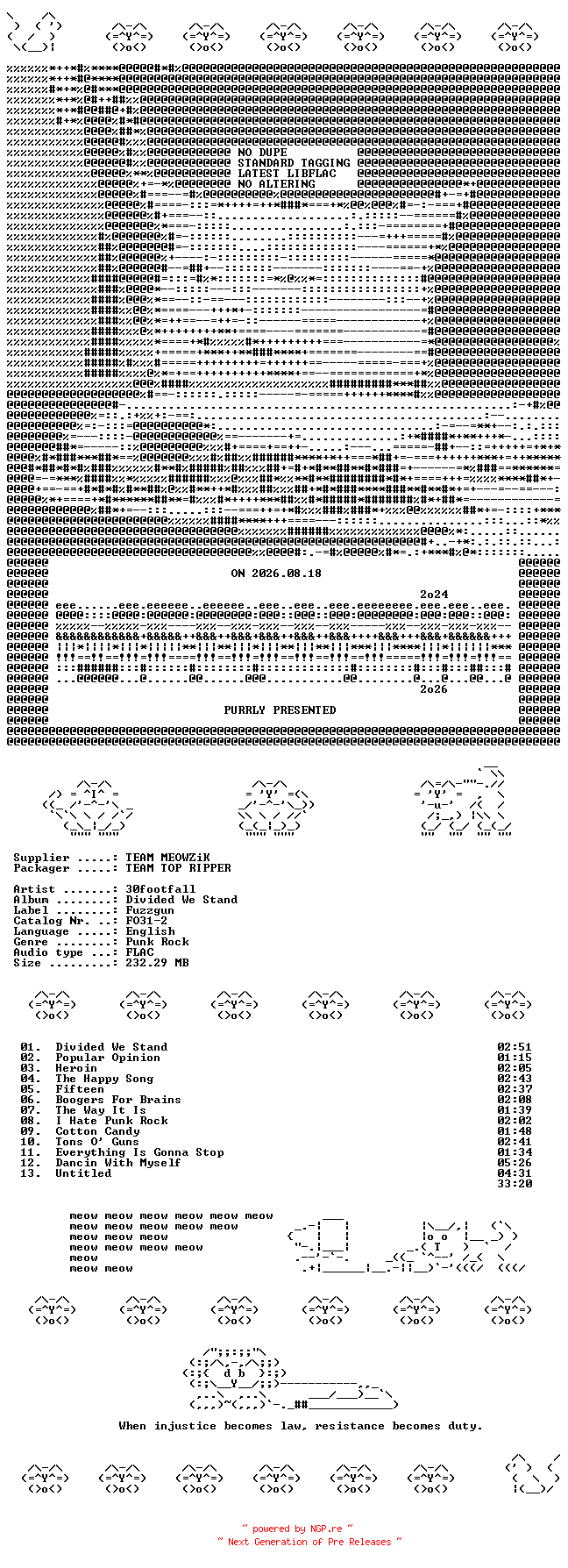 NFO for the release 30footFALL--Divided_We_Stand-Reissue-CD-FLAC-1998-MEOWZiK by MEOWZiK