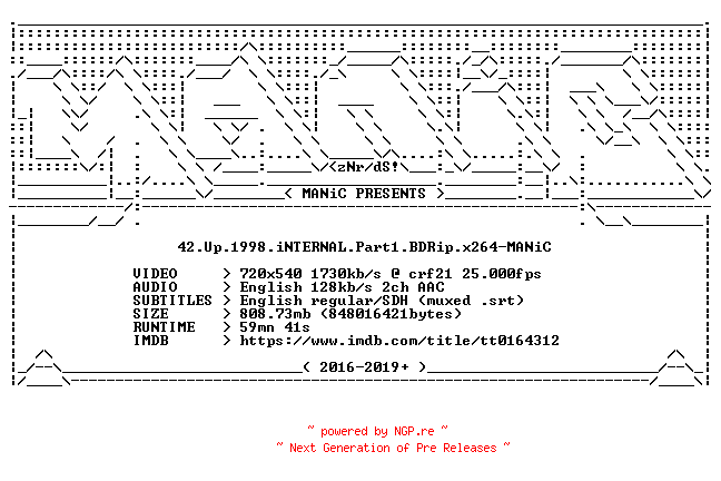 NFO for the release 42.Up.1998.iNTERNAL.Part1.BDRip.x264-MANiC by MANiC
