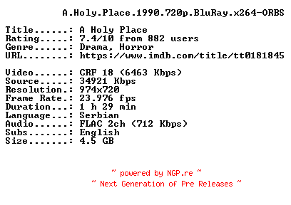 NFO for the release A.Holy.Place.1990.720p.BluRay.x264-ORBS by ORBS