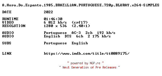 NFO for the release A.Hora.Do.Espanto.1985.BRAZiLiAN.PORTUGUESE.720p.BLURAY.x264-SiMPLES by SiMPLES