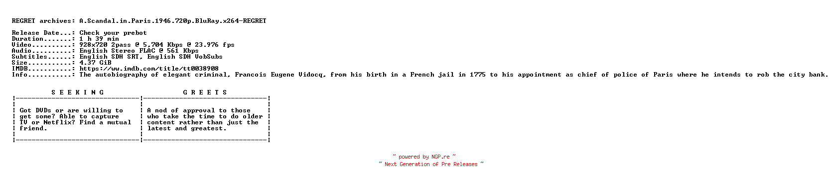 NFO for the release A.Scandal.in.Paris.1946.720p.BluRay.x264-REGRET by REGRET