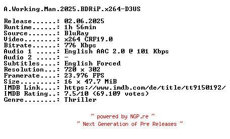 NFO for the release A.Working.Man.2025.BDRiP.x264-D3US by D3US