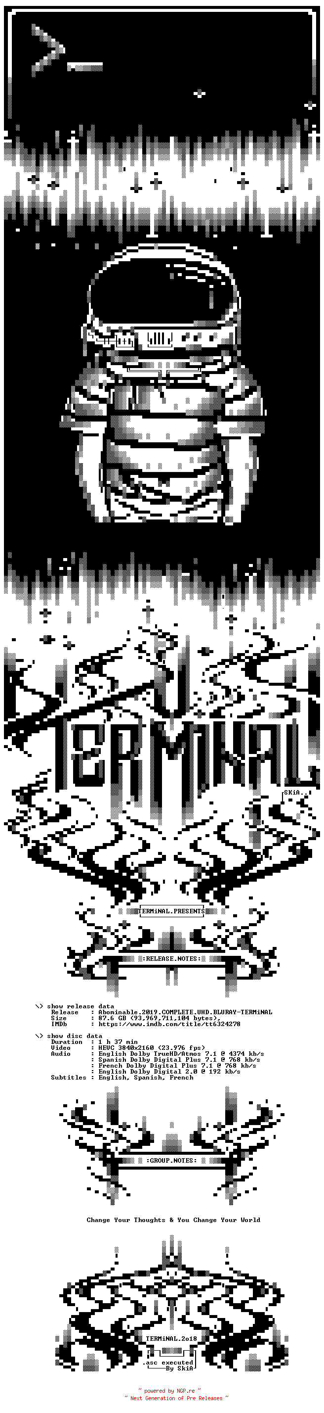 NFO for the release Abominable.2019.COMPLETE.UHD.BLURAY-TERMiNAL by TERMiNAL