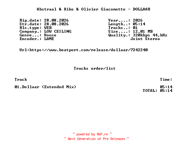 NFO for the release Abstraal_And_Kiko_And_Olivier_Giacomotto_-_DOLLAAR-(LOWC341)-SINGLE-WEB-2026-FMC by FMC
