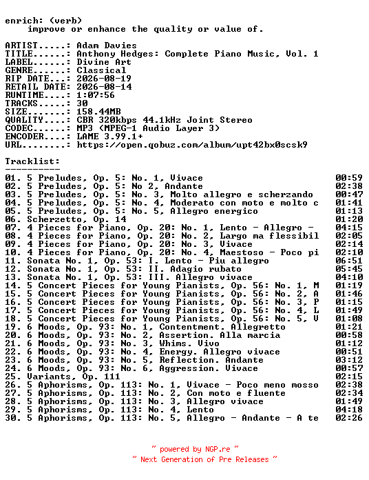 NFO for the release Adam_Davies-Anthony_Hedges_Complete_Piano_Music_Vol._1-WEB-2026-ENRiCH by ENRiCH