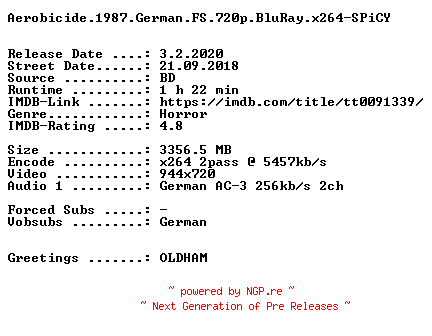 NFO for the release Aerobicide.1987.German.FS.720p.BluRay.x264-SPiCY by SPiCY