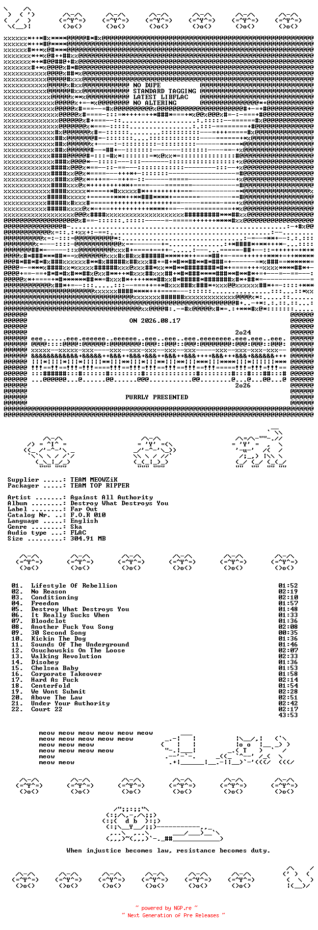 NFO for the release Against_All_Authority--Destroy_What_Destroys_You-CD-FLAC-1995-MEOWZiK by MEOWZiK