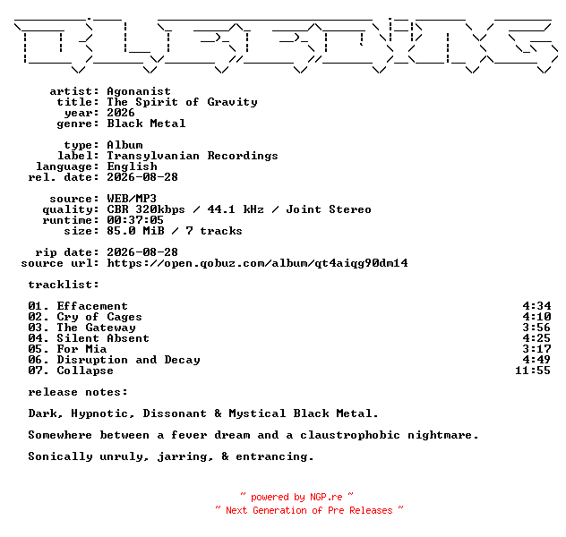 NFO for the release Agonanist-The_Spirit_of_Gravity-WEB-2026-BLEEDiNG by BLEEDiNG