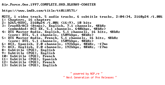 NFO for the release Air.Force.One.1997.COMPLETE.UHD.BLURAY-COASTER by COASTER