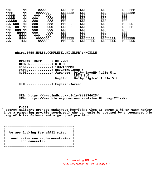 NFO for the release Akira.1988.MULTi.COMPLETE.UHD.BLURAY-NOELLE by NOELLE