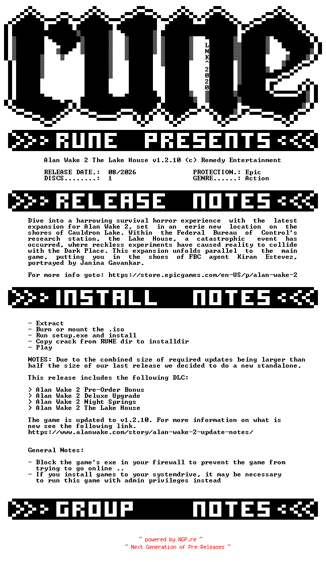 NFO for the release Alan.Wake.2.The.Lake.House.v1.2.10-RUNE by RUNE