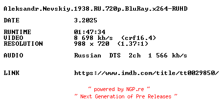 NFO for the release Aleksandr.Nevskiy.1938.RU.720p.BluRay.x264-RUHD by RUHD