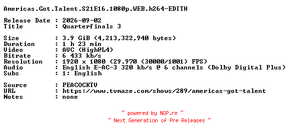 NFO for the release Americas.Got.Talent.S21E16.1080p.WEB.h264-EDITH by EDITH