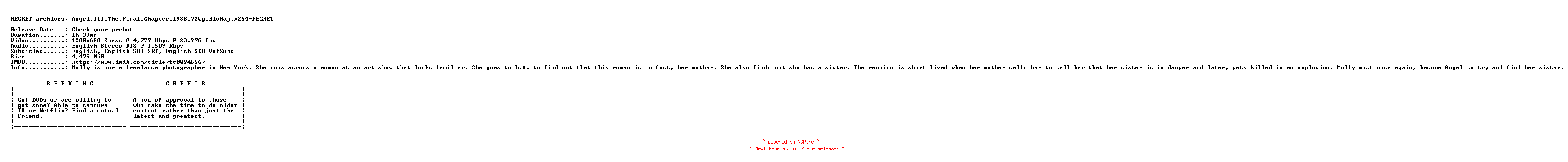 NFO for the release Angel.III.The.Final.Chapter.1988.720p.BluRay.x264-REGRET by REGRET