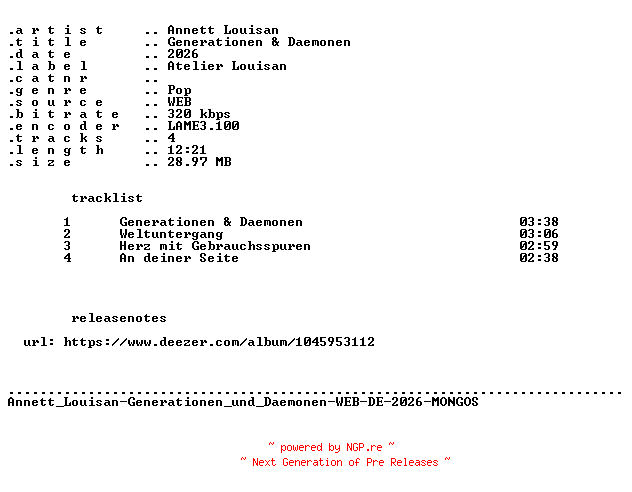 NFO for the release Annett_Louisan-Generationen_und_Daemonen-WEB-DE-2026-MONGOS by MONGOS