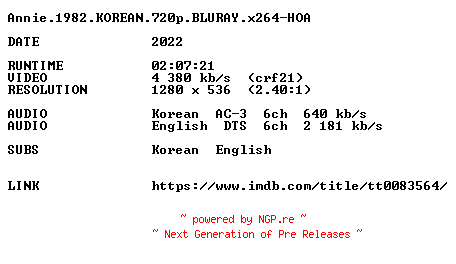 NFO for the release Annie.1982.KOREAN.720p.BLURAY.x264-HOA by HOA