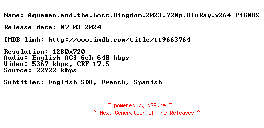 NFO for the release Aquaman.and.the.Lost.Kingdom.2023.720p.BluRay.x264-PiGNUS by PiGNUS