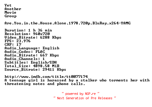 NFO for the release Are.You.in.the.House.Alone.1978.720p.BluRay.x264-YAMG by YAMG