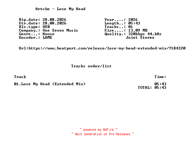 NFO for the release Artche_-_Lose_My_Head-(G0100058969697)-SINGLE-WEB-2026-FMC by FMC