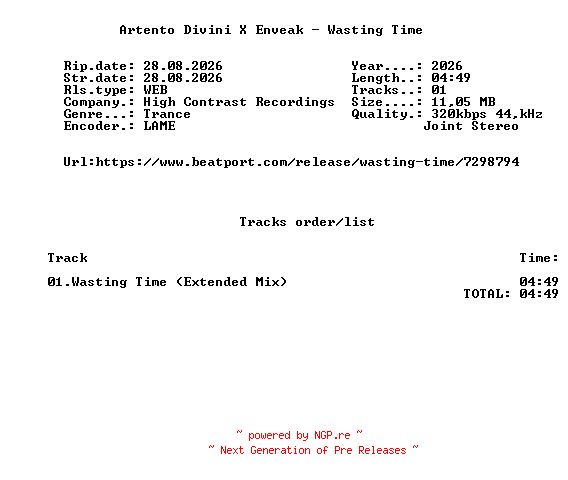 NFO for the release Artento_Divini_X_Enveak_-_Wasting_Time-(HCR478D)-SINGLE-WEB-2026-FMC by FMC