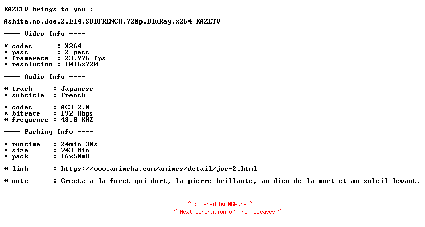 NFO for the release Ashita.no.Joe.2.E14.SUBFRENCH.720p.BluRay.x264-KAZETV by KAZETV