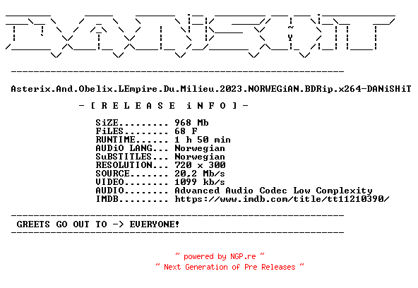 NFO for the release Asterix.And.Obelix.LEmpire.Du.Milieu.2023.NORWEGiAN.BDRip.x264-DANiSHiT by DANiSHiT